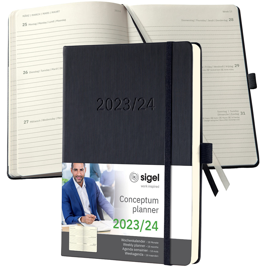SIGEL C2401 Terminplaner Wochenkalender 2023/2024, ca. A5, schwarz, Hardcover, Gummiband, Stiftschla