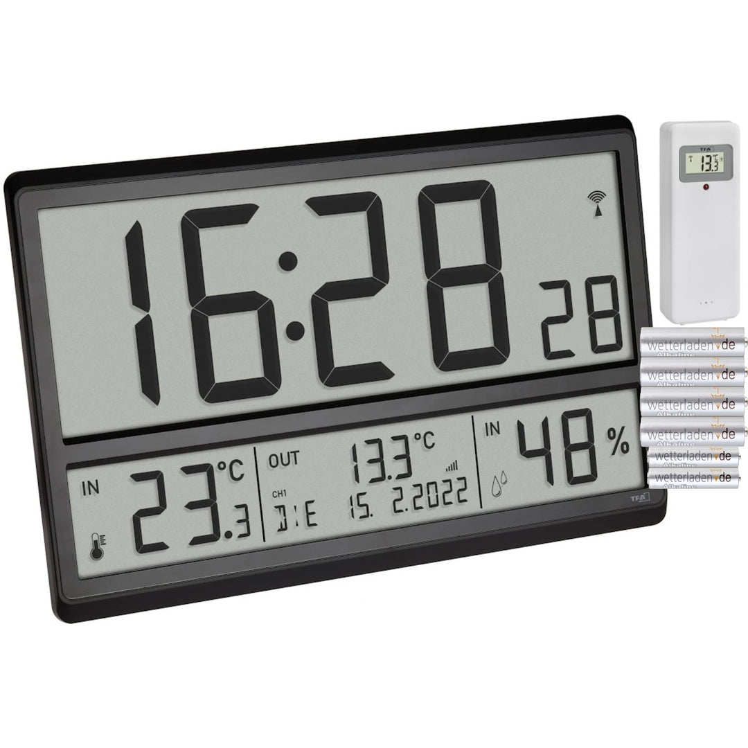 TFA Dostmann Digitale XL Wanduhr, 60.4523.01, mit Aussentemperatur und Raumklima, Funkuhr, 24h Anzei