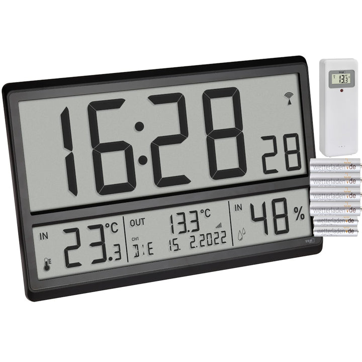 TFA Dostmann Digitale XL Wanduhr, 60.4523.01, mit Aussentemperatur und Raumklima, Funkuhr, 24h Anzei