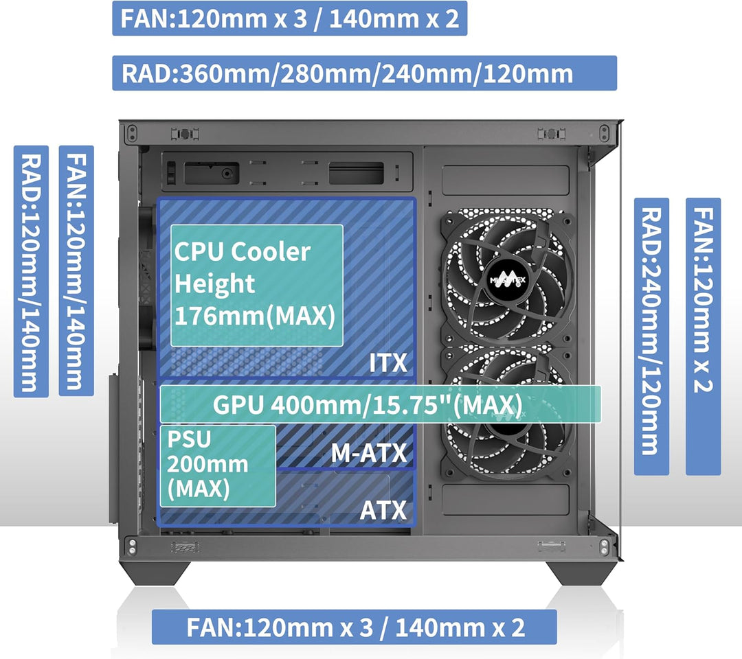 MUSETEX PC Gehäuse ATX, 3 Non-LED Lüfter vorinstalliert Gaming PC Gehäuse, 270° Full-View Tempered G