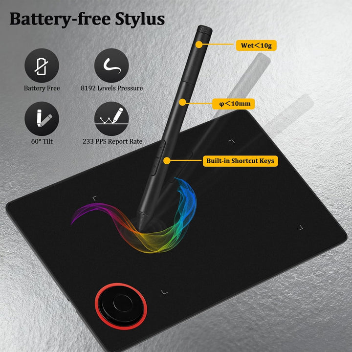 IMAGE Tragbares Grafiktablett 8,9*5,3 Zoll mit 8192 Stufen batterielosem Stift und 1 magischem Kreis