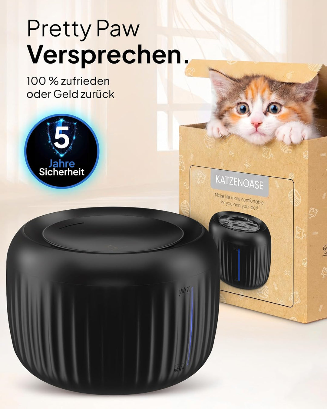 Pretty Paw Katzenbrunnen mit Leiser Pumpe, LED und Aktivkohlefilter, 2,5L | Trinkbrunnen für Katzen,