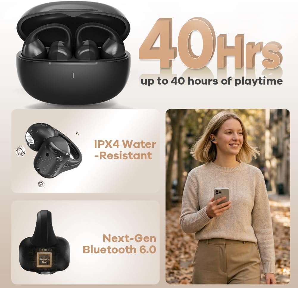 Open Ear Kopfhörer, Bluetooth Earbuds, Clip on Design mit 4 Noise Cancelling Mikrofone, 40h Std, Blu