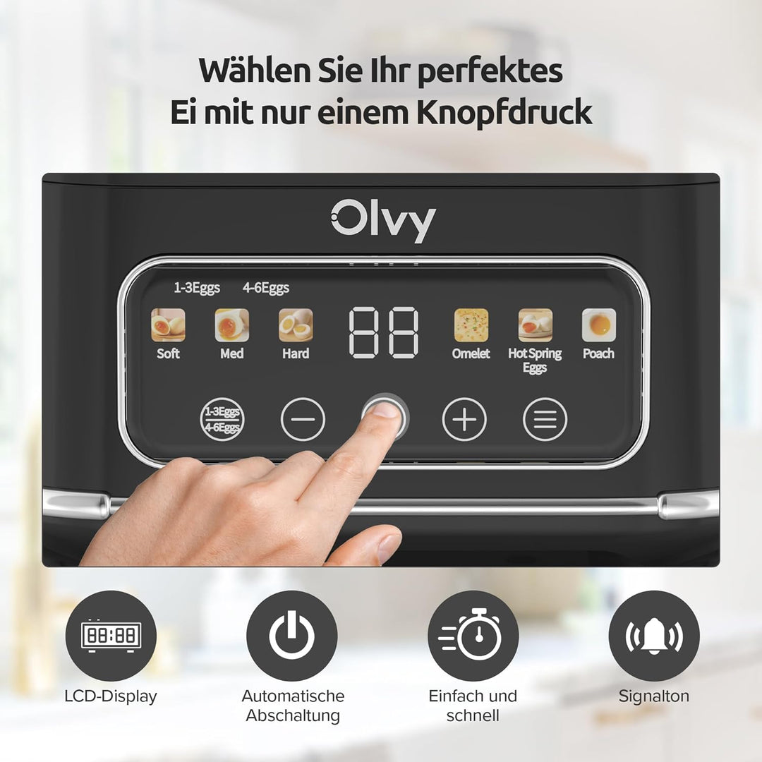 Olvy automatischer Eierkocher 6 Eier – Profi 6-in-1 Eierkocher mit LCD-Timer und Dampfgarer – ideal