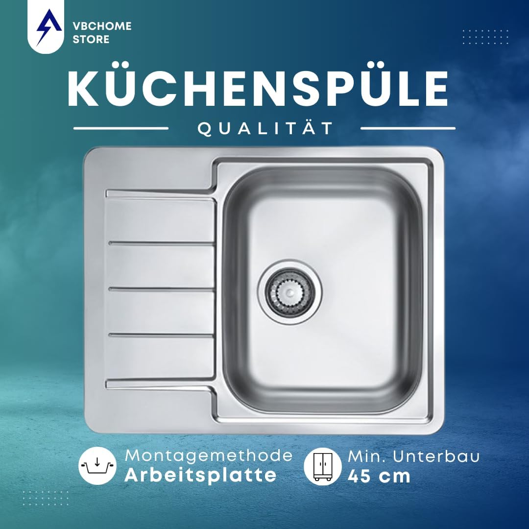 VBChome Edelstahlspüle 62x50 cm Satinstruktur Spülbecken Einbauspüle Abtropffläche Camping Küchenspü