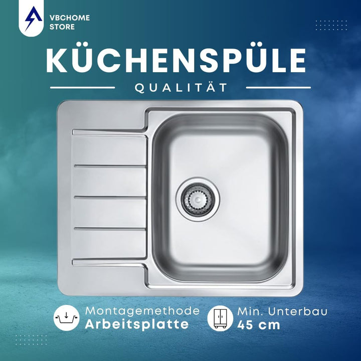 VBChome Edelstahlspüle 62x50 cm Satinstruktur Spülbecken Einbauspüle Abtropffläche Camping Küchenspü