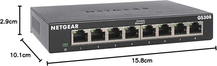 NETGEAR GS308 LAN Switch 8 Port Netzwerk Switch (Plug-and-Play Gigabit Switch LAN Splitter, LAN Vert