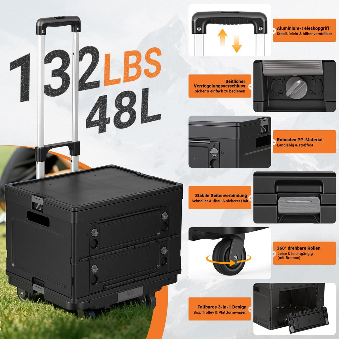 𝗝𝗮𝘅𝗴𝘂𝗼𝗺 Einkaufswagen faltbar 48L, Transportbox mit Rollen, Schwarz | Faltbare 48L Transportbox mit