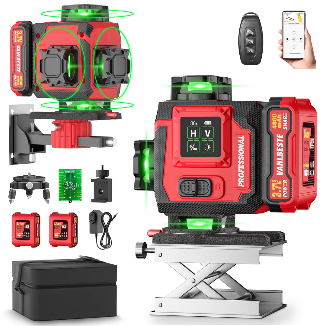 Kreuzlinienlaser, Laser Wasserwaage mit 2 x 4800 mAh Batterien, 4 x 360 Grad Laser Level mit Grosses