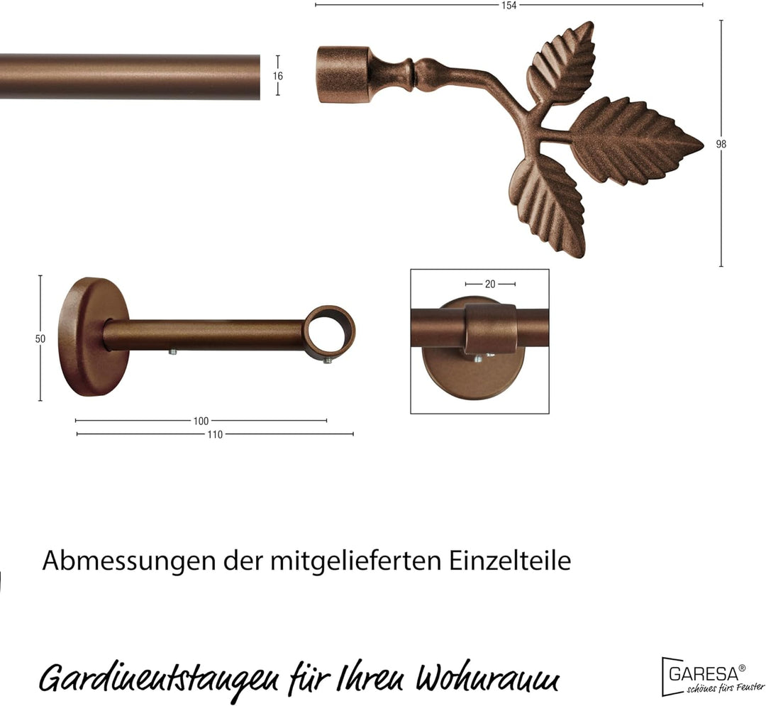 Garesa Gardinenstange Sheet Ø 16mm, 1-läufig, Bronze I Stabile Vorhangstange ohne Ringe I Mit Endkop