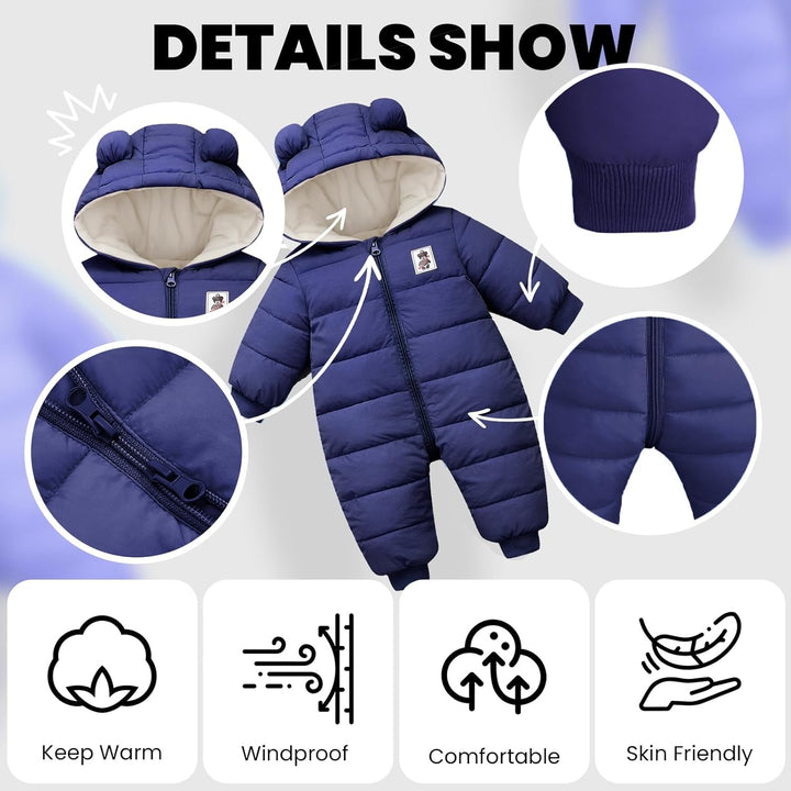Baby Winter Overall mit Kapuze, Strampler Schneeanzug Jungen Mädchen Langarm Jumpsuit Warm Outfits G