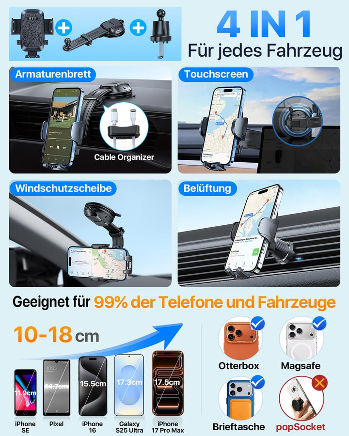 HTU 【Militär-Klasse Biegsamer Arm Handyhalterung Auto Upgrade【Stärkste Saugnapf Lüftung】 360° Drehba