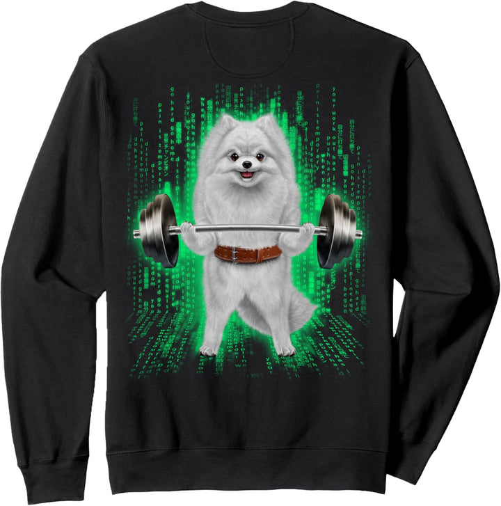 Pommerscher Hund, der Gewichte im Cyber-Fitnessstudio hebt Sweatshirt