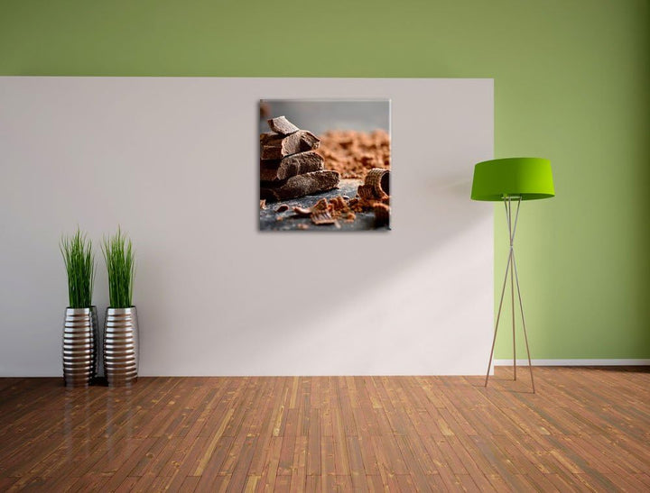Dunkle Schokoladenraspeln, Format: 70x70 auf Leinwand, XXL riesige Bilder fertig gerahmt mit Keilrah
