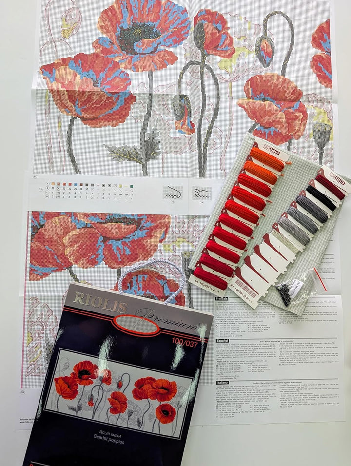 Riolis Stickbild-Set, Motiv Rote Mohnblumen, Kreuzstich