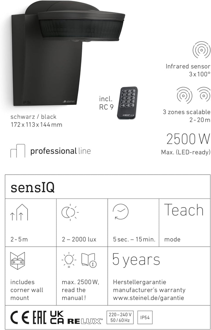 Steinel 29579 Infrarot-Bewegungsmelder sensIQ schwarz, 300°|20 m Sensor, 2500 W, Dauerlicht, Montage