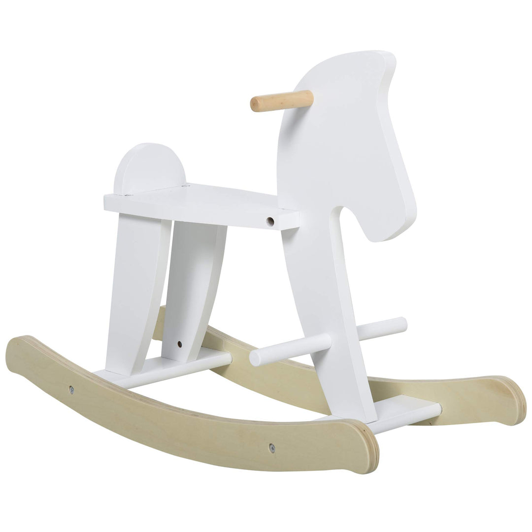 HOMCOM Schaukelpferd aus Holz - Schaukelspiel Holz - Griffe Fussstütze Stopper - MDF Sperrholz Weiss