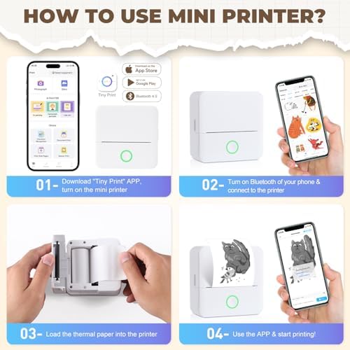 PRAOAHEI Mini Drucker, Tragbarer Fotodrucker mit 20 Rollen Druckerpapier, Bluetooth-Etikettendrucker