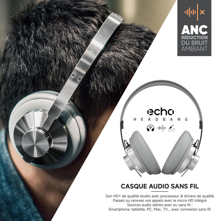 ECHO Head Band Kopfhörer, kabellos, ANC, Grau Metall – aktive Geräuschunterdrückung, Bügel-Design, P