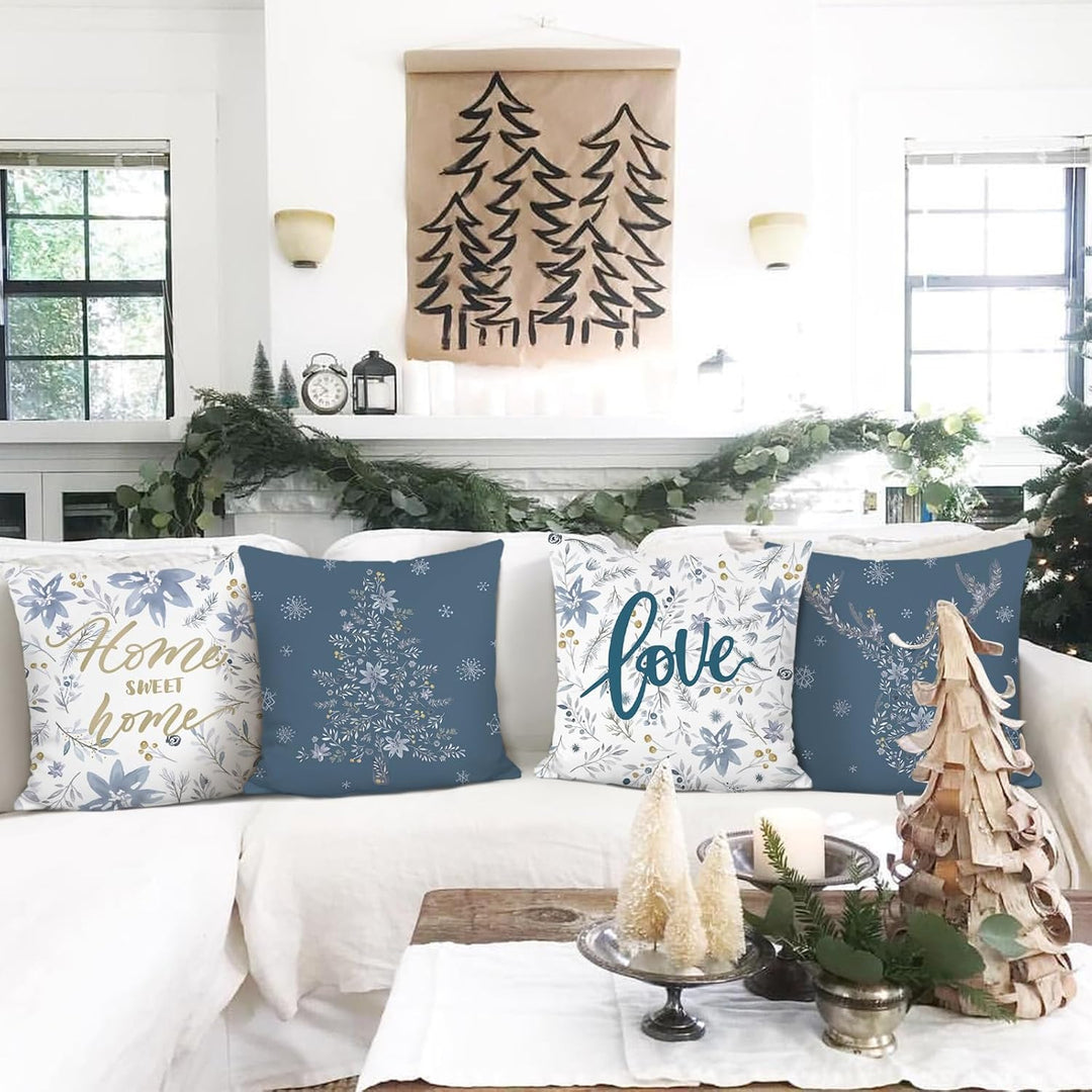 Bonhause 4er Set Kissenbezüge Winter 45 x 45 cm Samt Soft Blumen Blätter Graue Dekorative Kissenhüll