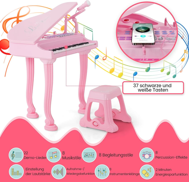COSTWAY Kinder Keyboard mit 37 Tasten & Hocker, elektronische Klaviertastatur tragbar mit Mikrofon,
