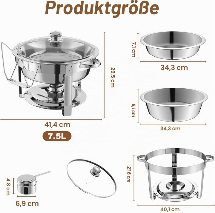 NArra 2er-Pack rundes 6L-Chafing-Dish-Buffet-Set, Speisenwärmer mit Glasabdeckung, Buffetwärmer, Buf