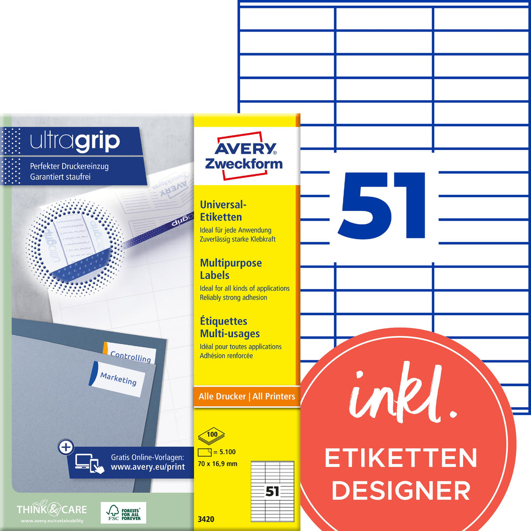 AVERY Zweckform 3420 Universal Etiketten (5.100 Klebeetiketten, 70x16,9mm auf A4, Papier matt, indiv