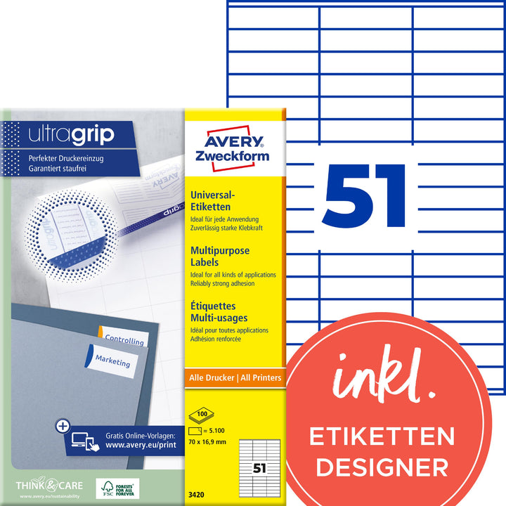 AVERY Zweckform 3420 Universal Etiketten (5.100 Klebeetiketten, 70x16,9mm auf A4, Papier matt, indiv