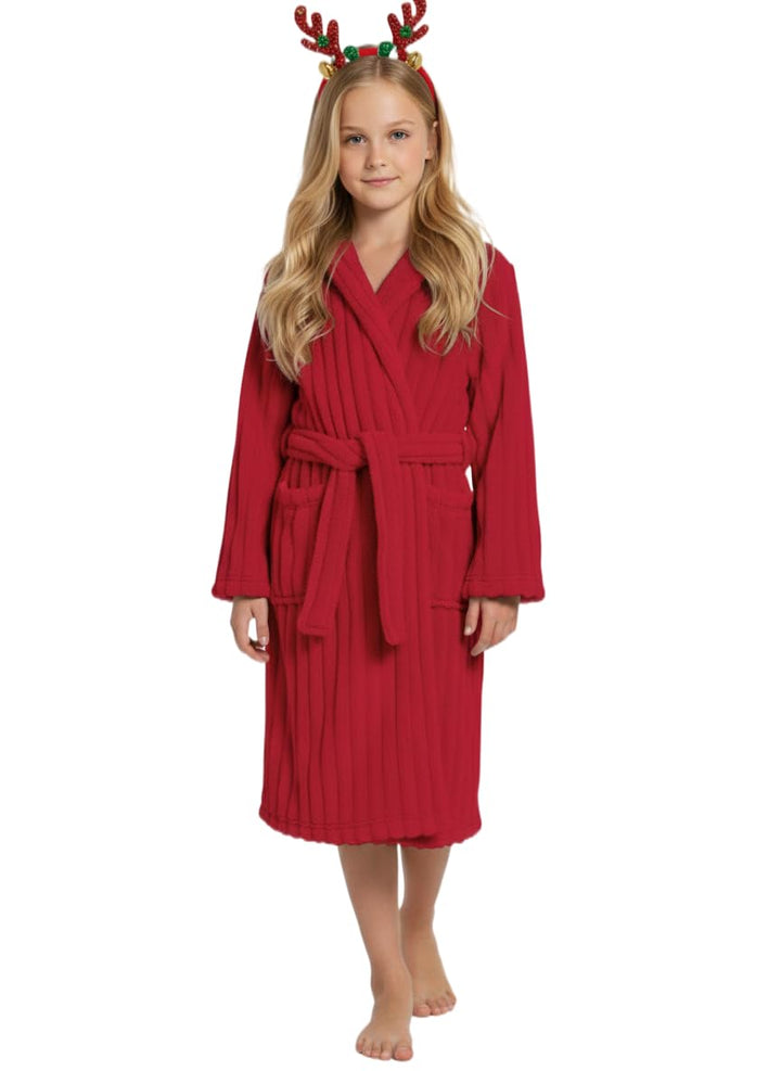 JiAmy Kapuzen Bademantel für Mädchen Flauschiger Fleece Plüsch Langer Schlafmantel Kinder Rot 13-14
