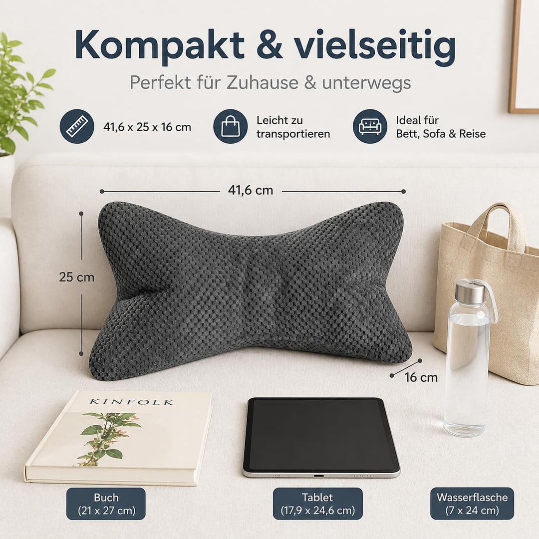 ReWu Leseknochen Mittelgrau 41,6 x 25 x 16 cm | Ergonomisches Stützkissen mit weicher Struktur, Form
