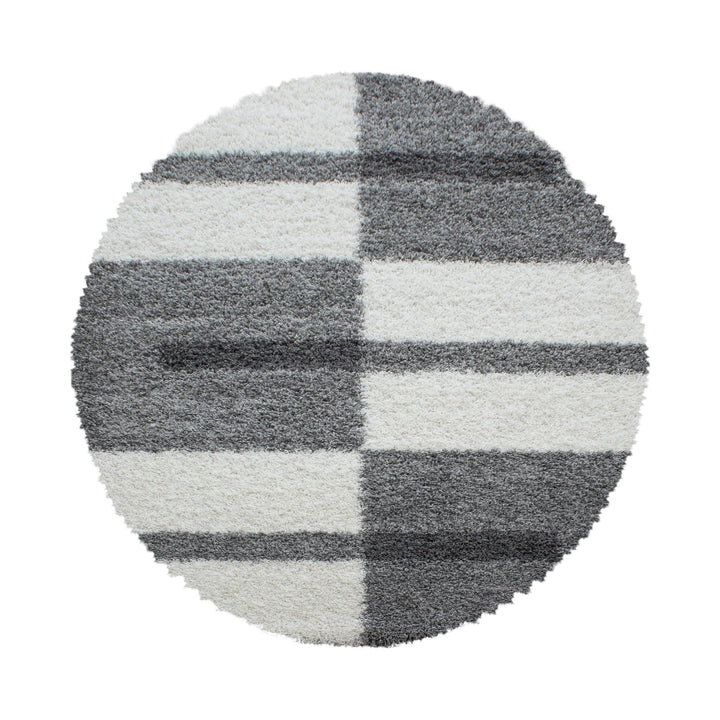 Carpetsale24 Teppich Wohnzimmer Moderne Kariert Design Shaggy Flokati 160 cm Rund Hellgrau-Creme - H