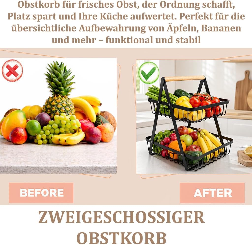 Zweistöckiger Obstkorb mit 2 Ebenen – Platzsparende Obstschale & Obsetagere aus Metall mit Holzgriff