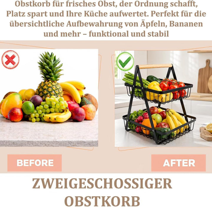 Zweistöckiger Obstkorb mit 2 Ebenen – Platzsparende Obstschale & Obsetagere aus Metall mit Holzgriff