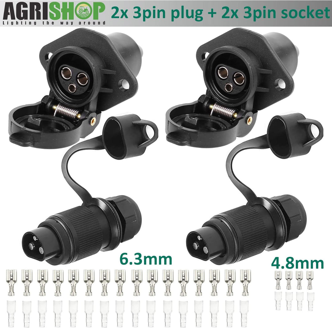 AGRISHOP 2Stück Anhänger Stecker 3polig 12v 24v und 2Stück Steckdose 3-Polig,Wasserfester Traktor St