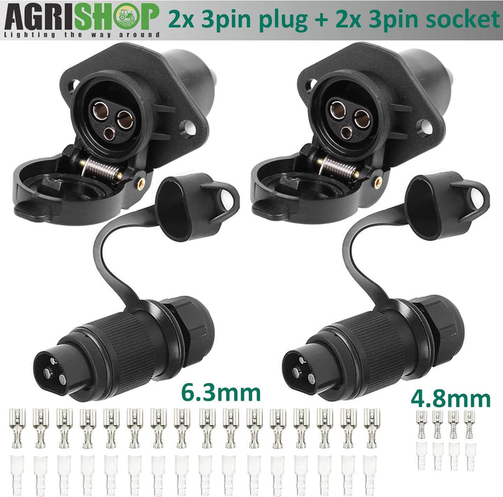 AGRISHOP 2Stück Anhänger Stecker 3polig 12v 24v und 2Stück Steckdose 3-Polig,Wasserfester Traktor St