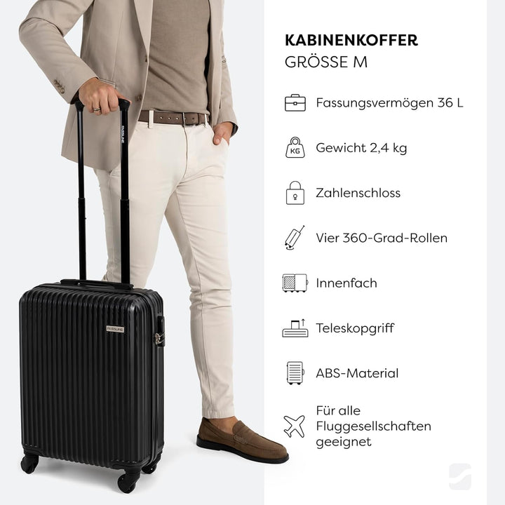 Kabinenkoffer 55x39x20 cm, 36 l, Reisekoffer Handgepäck, Hartschale aus ABS, Vier 360°-Spinner-Rolle