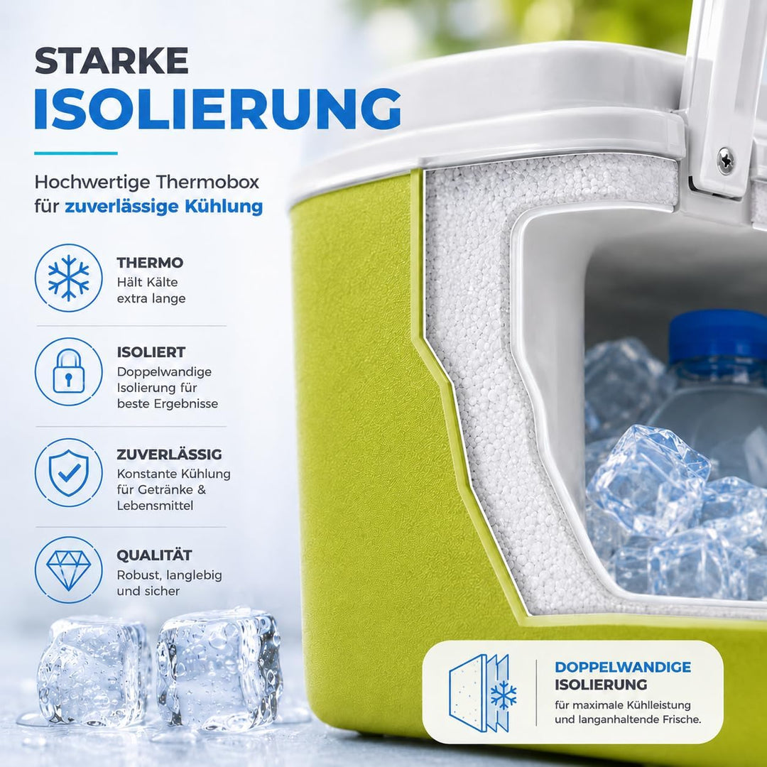 Kühlbox 15 Liter mit mobilen Kühlakku/Kühlelement für extra Lange Kühlung - Kühltasche/Thermobox Grü