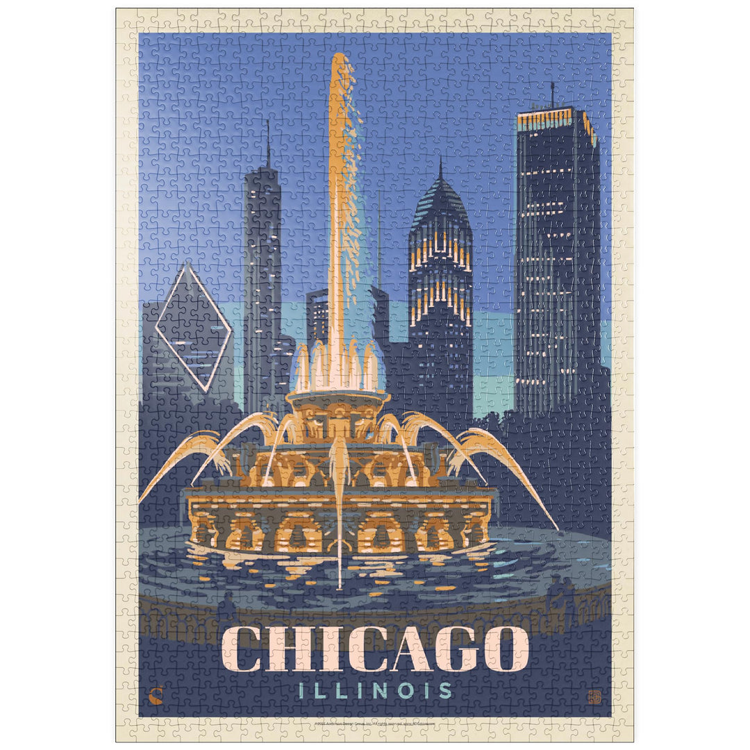 Chicago, IL: Fountain of Light, Vintage Poster - Premium 1000 Teile Puzzle - MyPuzzle Sonderkollekti