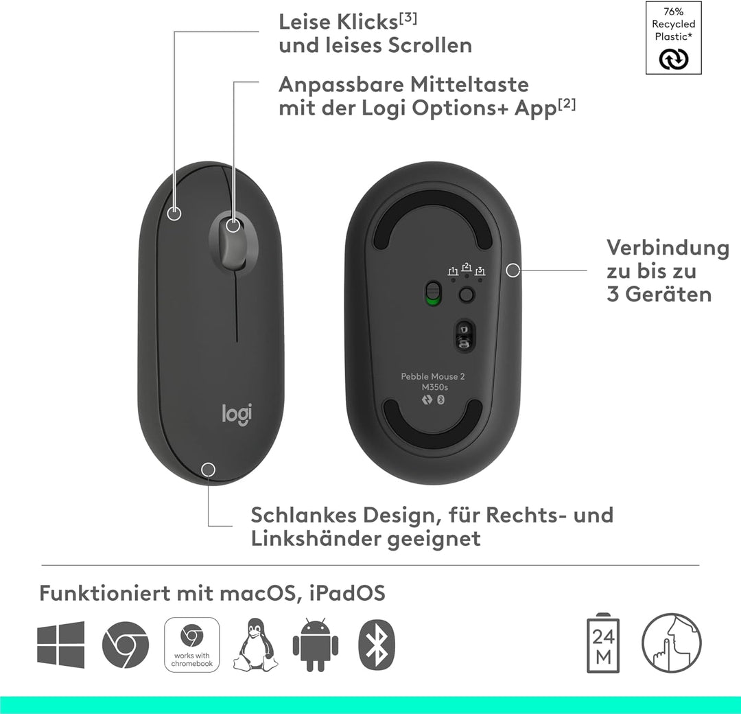 Logitech Keys-to-GO 2 Mobile Bluetooth-Tastatur + Pebble Mouse 2 Bluetooth-Maus M350s, leichtes kabe