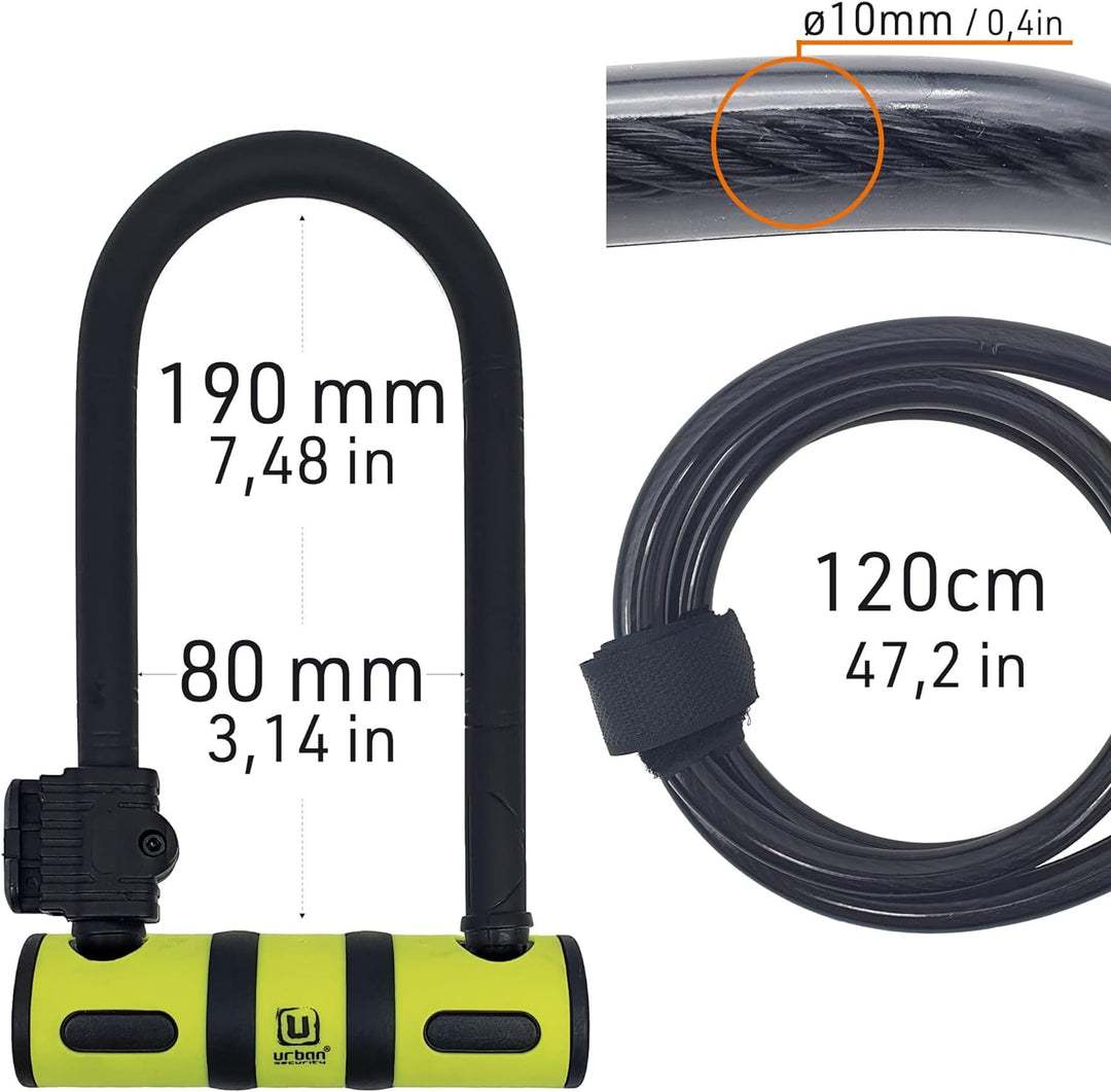 urban UR80150B Fahrradschloss Bügelschloss 80x190 Gehärtet, Hohe Sicherheit mit flexiblem Stahlkabel