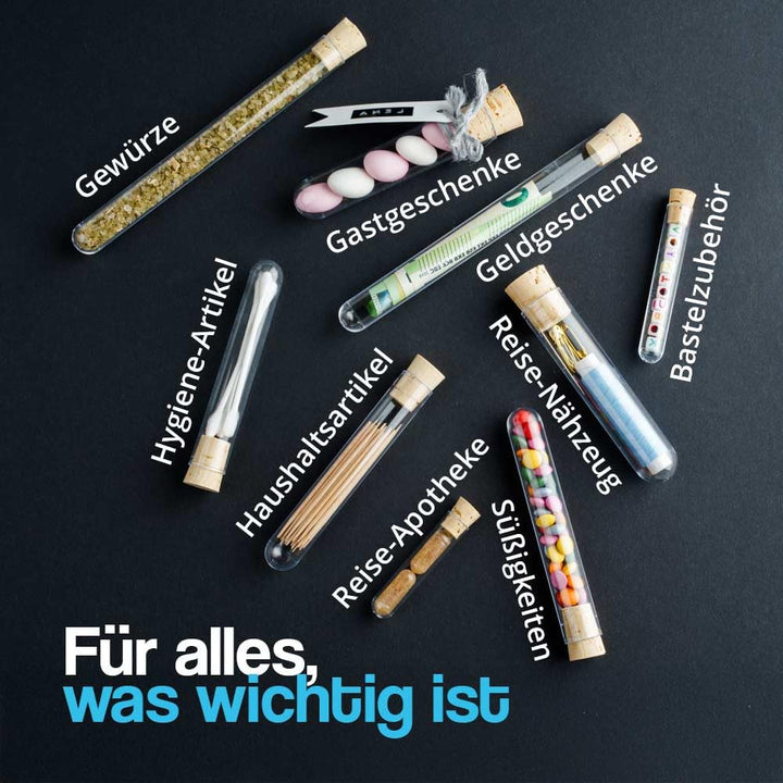 Tuuters 100x Kunststoff Reagenzgläser mit Korken (Naturkorken), Reagenzröhrchen (100 x Ø 21mm), 100