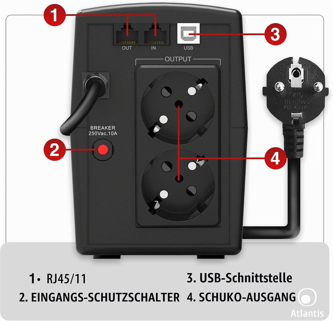 Atlantis A03-HP1003 Kontinuitätsgruppe Sinuswelle Pure 800VA 480W Line Interactive, LCD-Display, USB