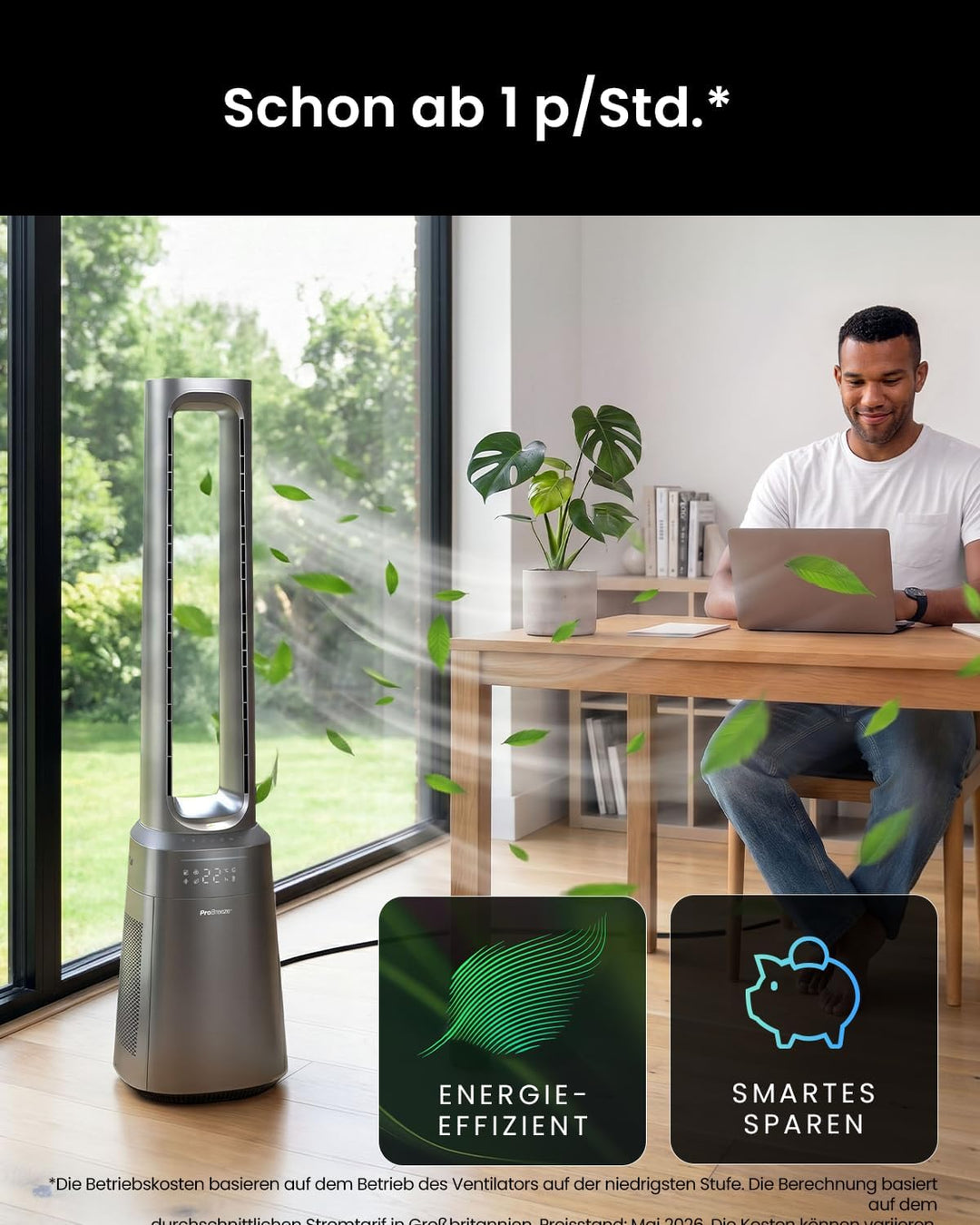 Pro Breeze OmniAir 105cm rotorloser Ventilator mit Luftreiniger - Ventilator oszillierend 75° - Fern