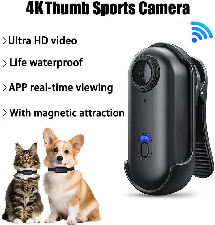 4K Mini Action Kamera WLAN, Mini Sportkamera Vlog Kamera mit 360° Drehclip & Magnetclip, Wasserdicht