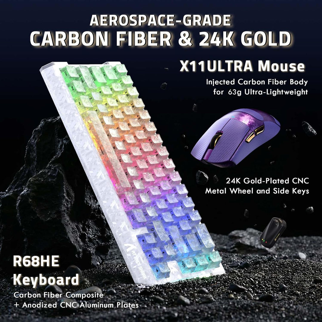 ATTACK SHARK Carbon Fiber Gaming R68 HE Tastatur &amp; X11 Ultra Maus Set, 63g Nordic54L15 Wireless Supe