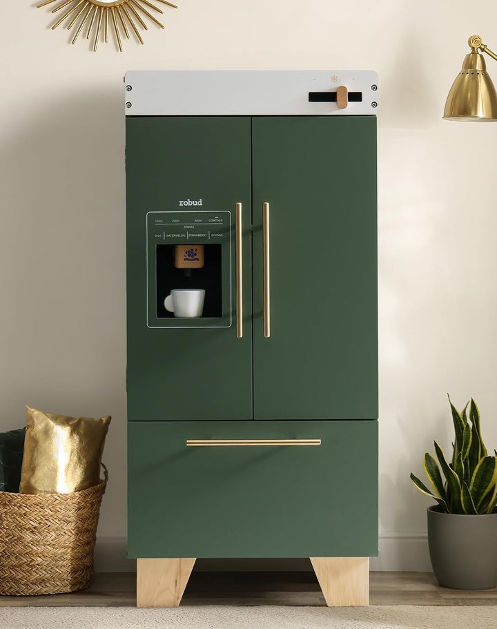 ROBUD Kinderküche + Spielkühlschrank Holz, Spielküche Kinder Küche mit Vorgetäuschtem Eiswürfelspend