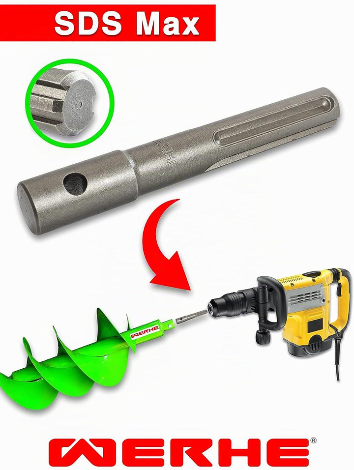 WERHE Profi Erdbohrer Adapter passend für SDS Max Bohrhammer Pfahlbohrer Akkubohrmaschine Mit Schnel