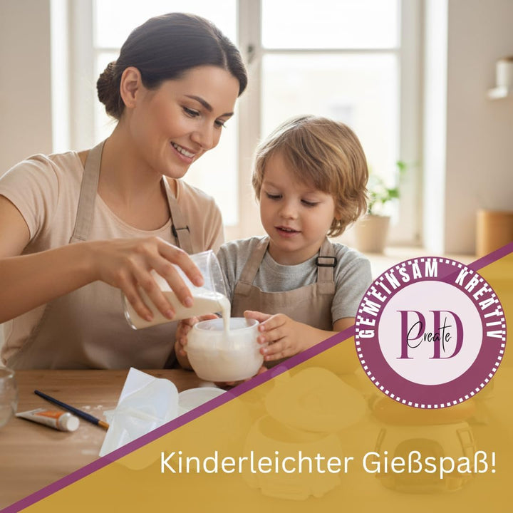 Giesspulver Starterset für Kids- Silikonform Feenhaus & Einhorn, 2kg PD Giesspulver weiss, 12x Acryl