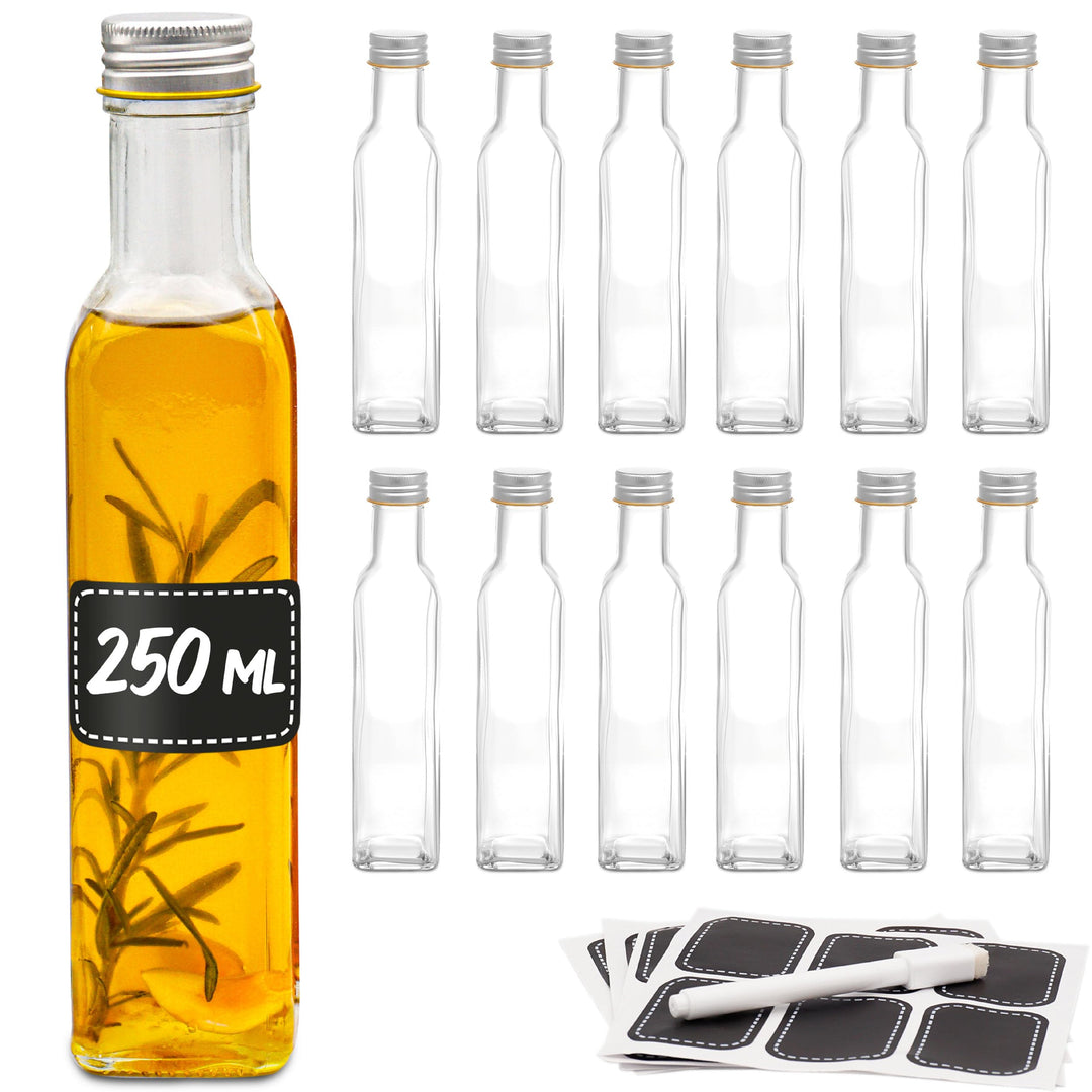 Praknu 12er Set Glasflaschen 250ml Schraubverschluss Eckig - Leere Flaschen zum Befüllen - 12 Etiket