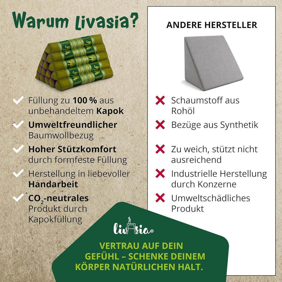livasia Rückenstützkissen extrahoch mit Thaiseide - 38x55x35cm - Dreieckskissen für Garten/Balkon, K